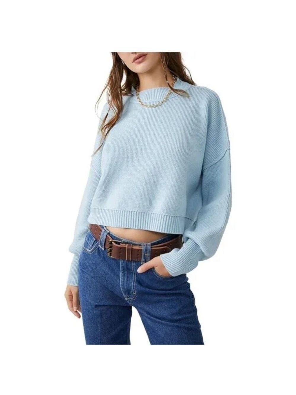 FREE PEOPLE Easy Street cropped crewneck sweater cotton blend blue oversized XS